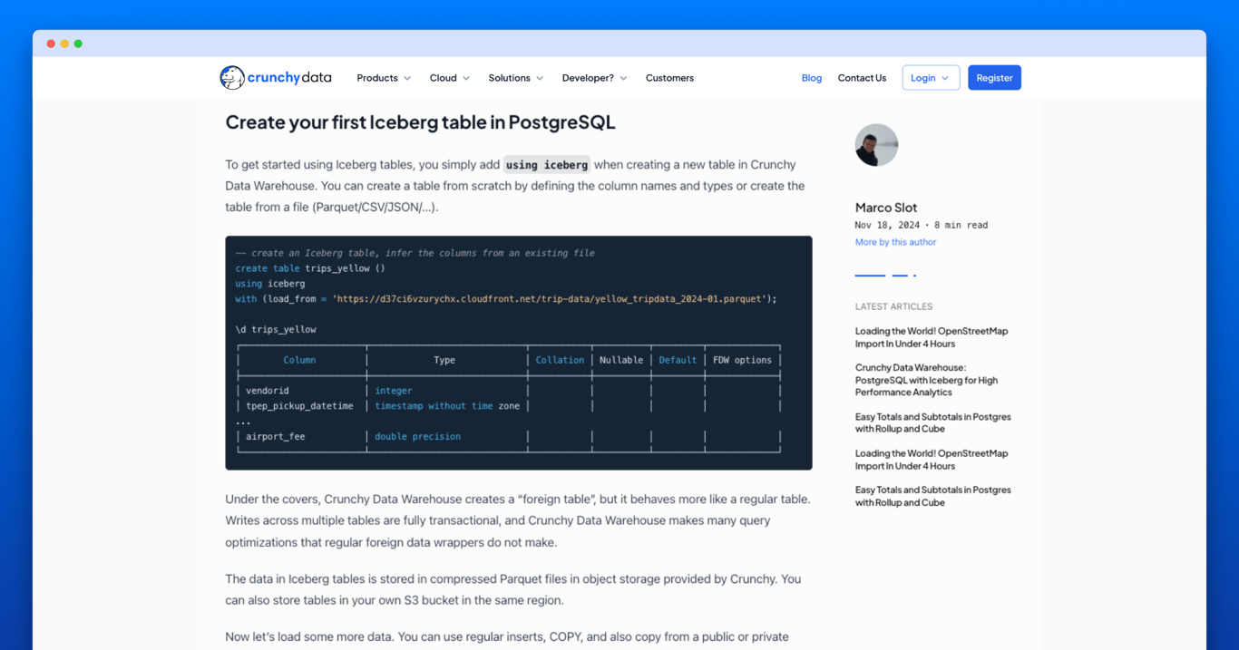 crunchydata's tweet card. We are excited to release Crunchy Data Warehouse, a modern data warehouse for Postgres. Crunchy Data Warehouse combines Postgres with Iceberg, Parquet, and data lake formats for fast analytics...
