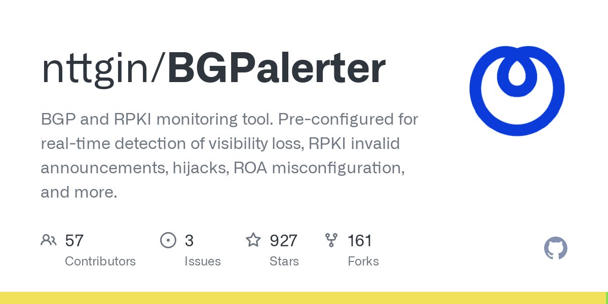 webrobotics's tweet card. BGP and RPKI monitoring tool. Pre-configured for real-time detection of visibility loss, RPKI invalid announcements, hijacks, ROA misconfiguration, and more. - nttgin/BGPalerter