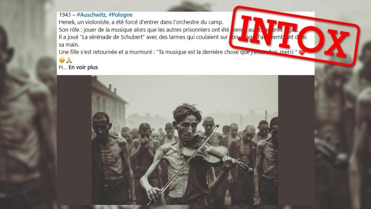 InfoIntoxF24's tweet card. Des influenceurs ont publié une photo présentée comme celle d'un déporté d'Auschwitz, violoniste dans l'orchestre du camp de concentration. Selon eux, le prisonnier aurait accompagné en musique les...