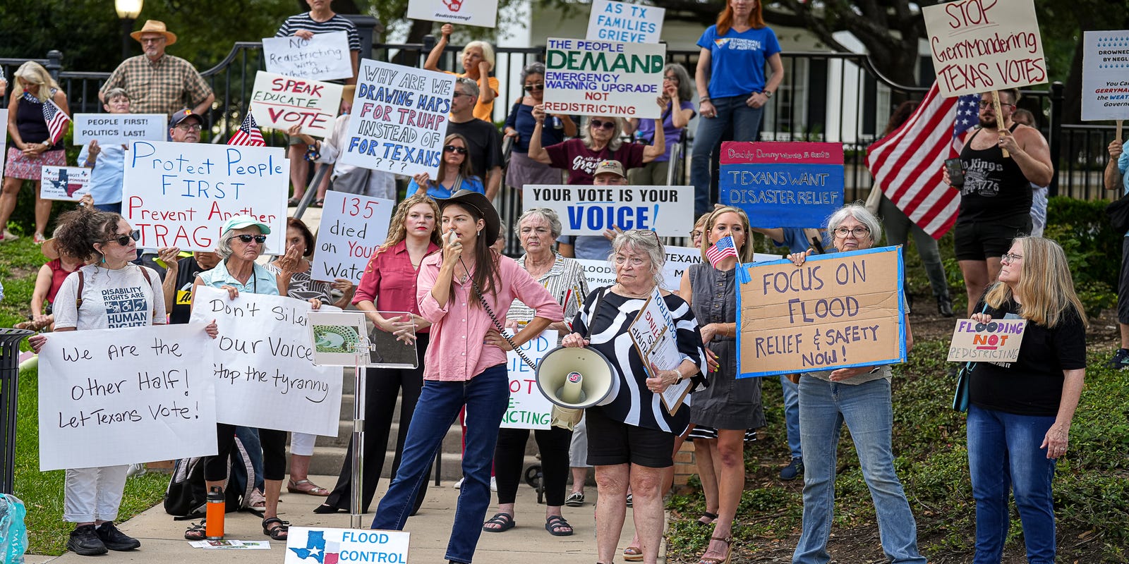 statesman's tweet card. Protesters gathered outside the Governor's Mansion on Sunday to oppose redistricting in Texas ahead of the special session. See the photos.