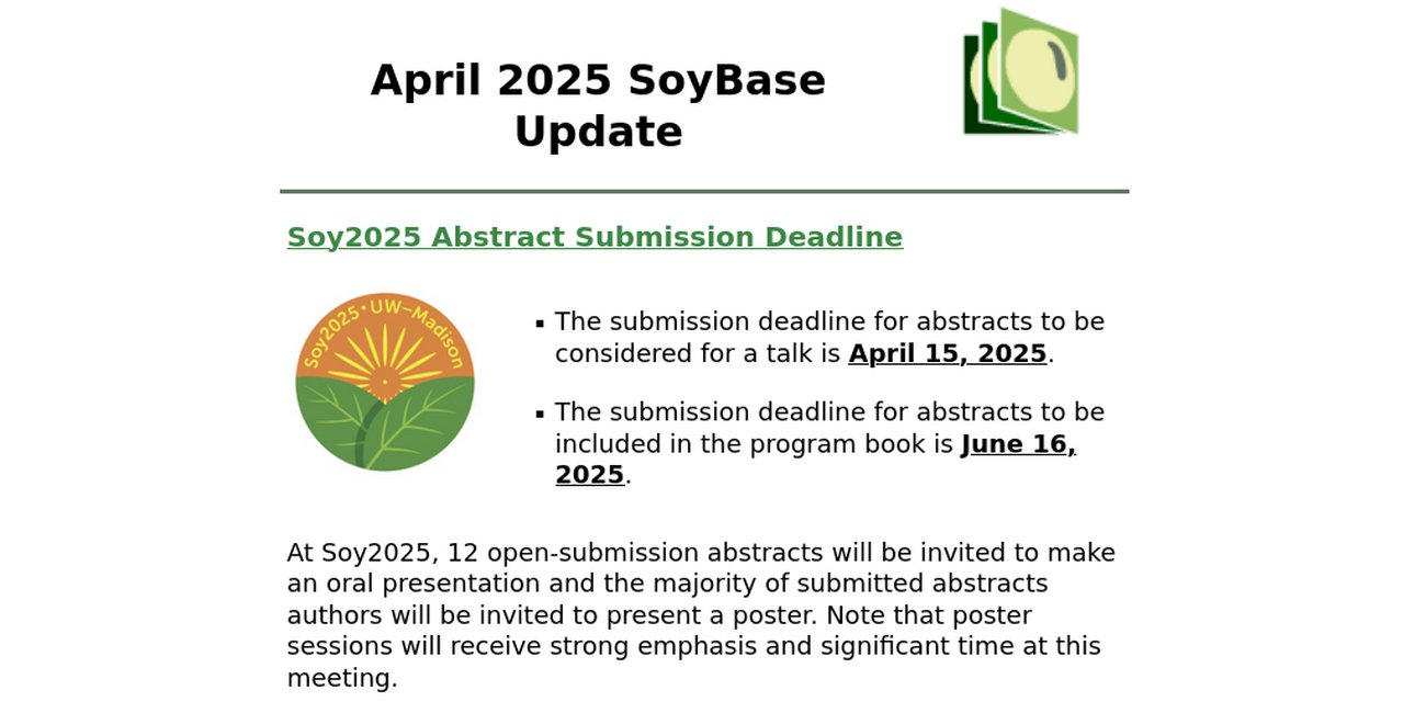 SoyBaseDatabase's tweet card. Soy2025 abstract deadline is approaching and the Soybean Career Awards nominations are open.