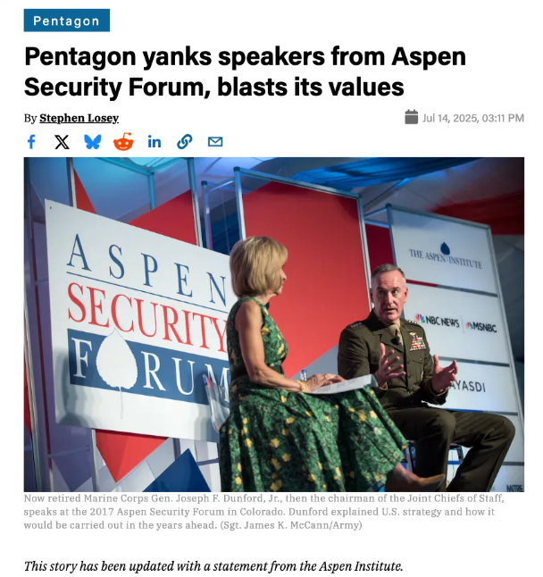 ColoFreePress's tweet card. Cancelling the appearance of DOD personnel at Aspen is a great move. It is welfare for the Globalists who hate America.
