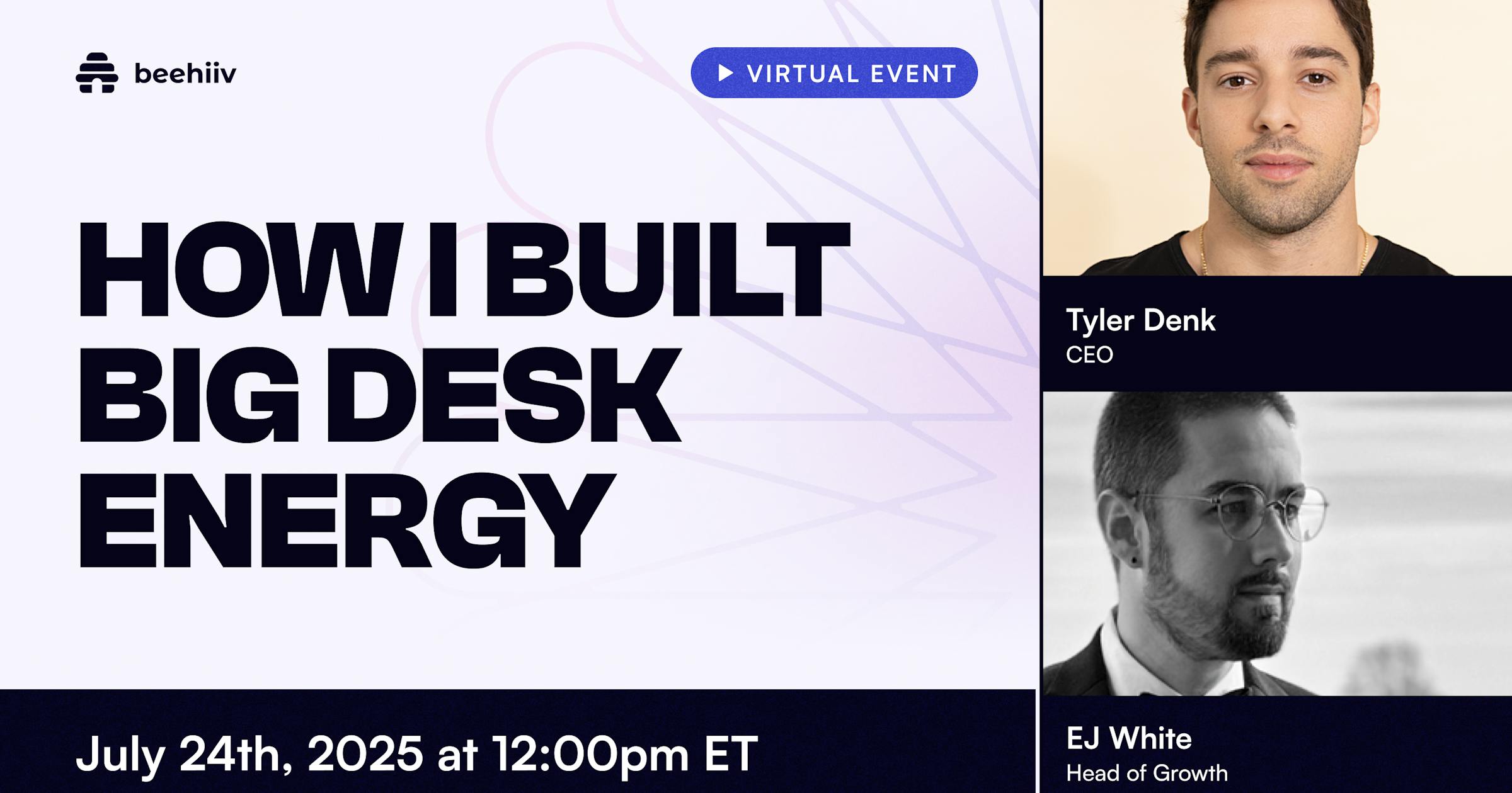 beehiiv's tweet card. Learn how beehiiv co-founder and CEO Tyler Denk grew his personal newsletter, Big Desk Energy, from zero subscribers into a profitable brand with tens of thousands of engaged readers. In this...
