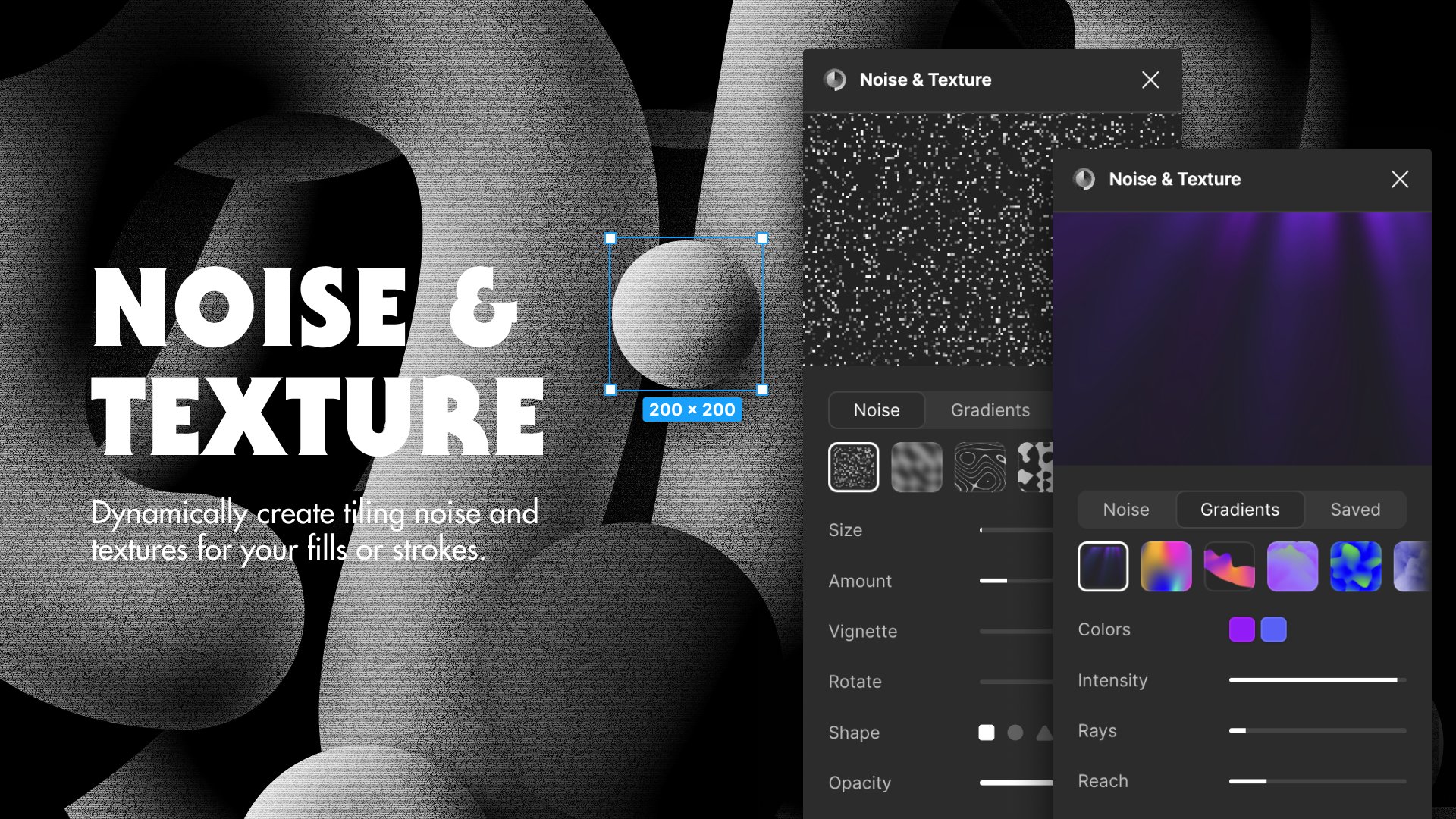 rogie's tweet card. A Figma plugin to dynamically generate seamless tiled noise, textures, patterns, gradients, and more. Select a layer and add your noise or texture. Change the settings and see your layers updated...