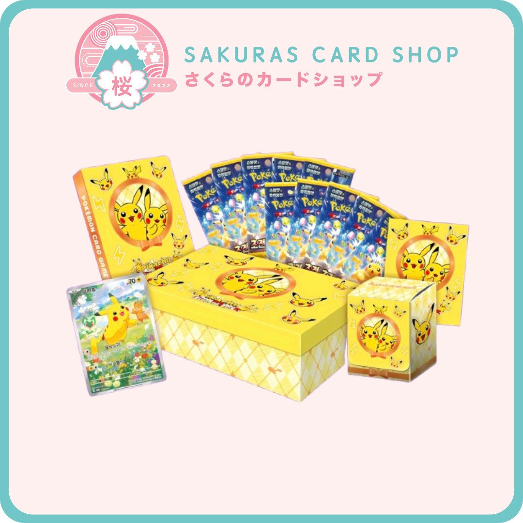 MeechFromPallet's tweet card. Contents: 10 x Super Electric Breaker Boosters (5 Random Cards in each) 1 x Promotional Pikachu Card 1 x 4-pocket Card Album 1 x Pikachu Deck Case 1 x Stickers  