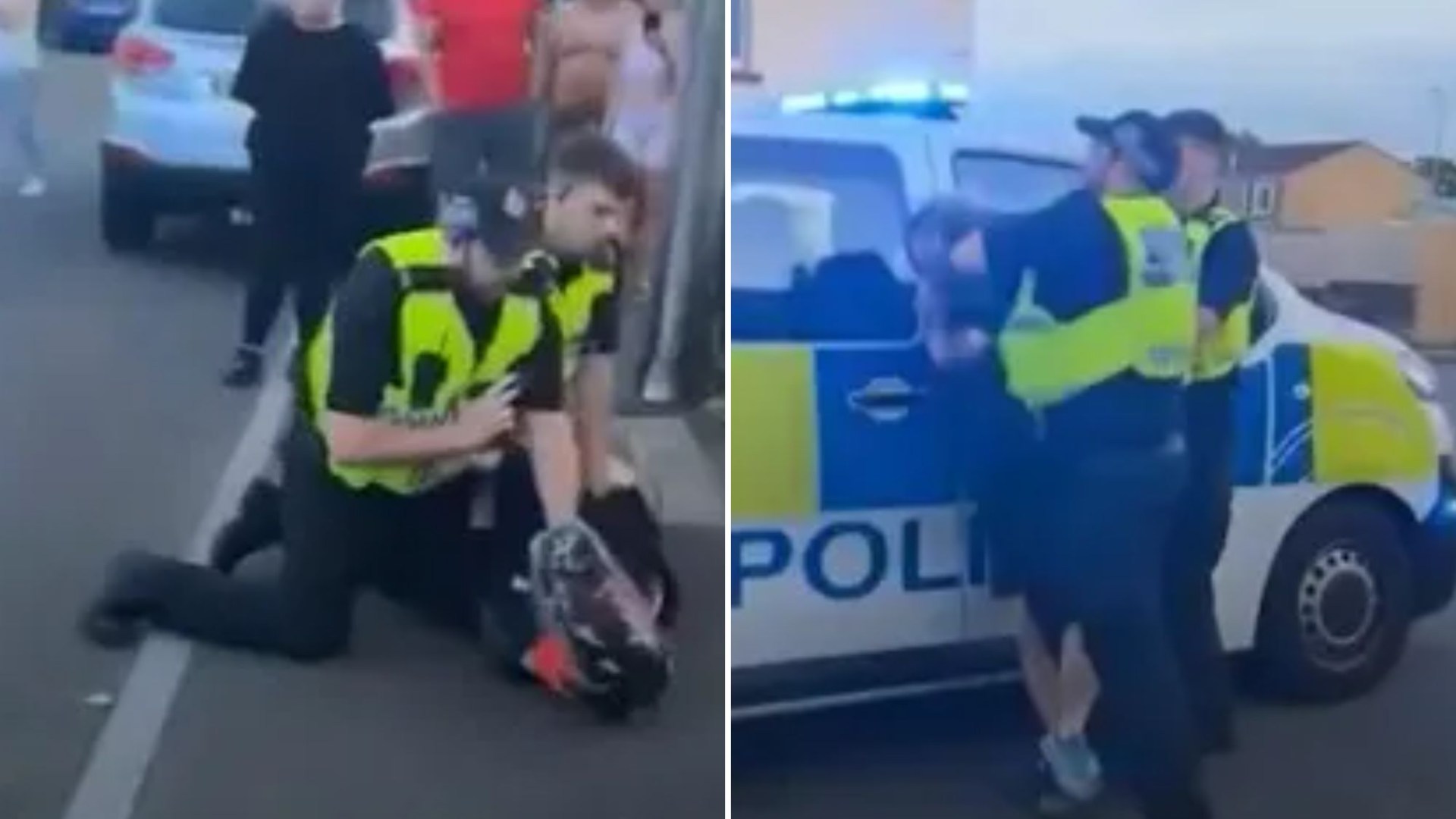 IainGould's tweet card. THIS is the shocking moment a cop punches a biker in the face after screaming “I’ll break your nose” on the side of the road. South Wales Police has said it is investigating the i…