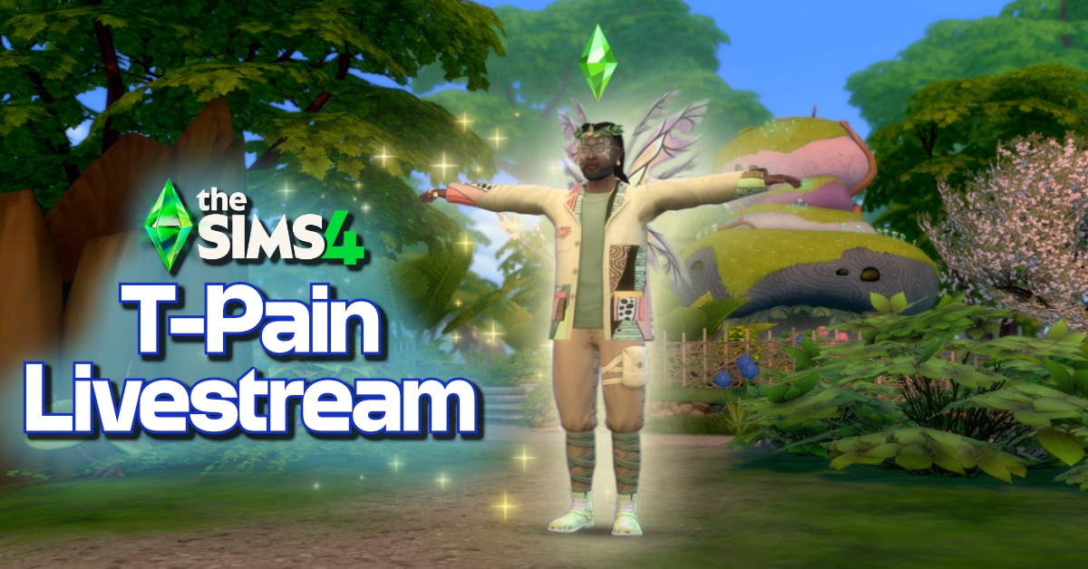 TheSimCommunity's tweet card. A Sims 4 T-Pain livestream event will be happening to showcase the newest expansion pack Enchanted by Nature along a surprise announcement.