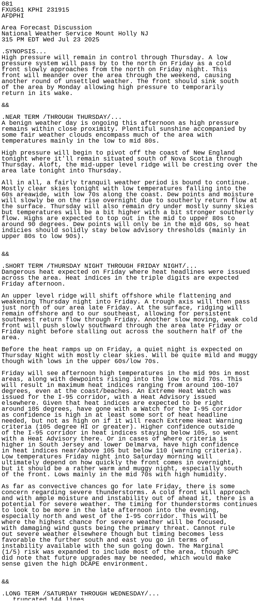 iembot_phi's tweet card. AFD issued by NWS PHI at 23 Jul 2025 19:15 UTC