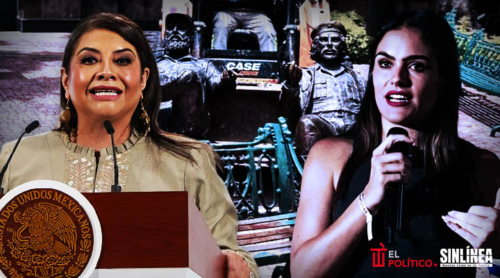 SinLinea_Mx's tweet card. Clara Brugada Molina acusó a Alessandra Rojo de la Vega de violar la ley al retirar sin autorización las estatuas de Fidel Castro y Che Guevara.