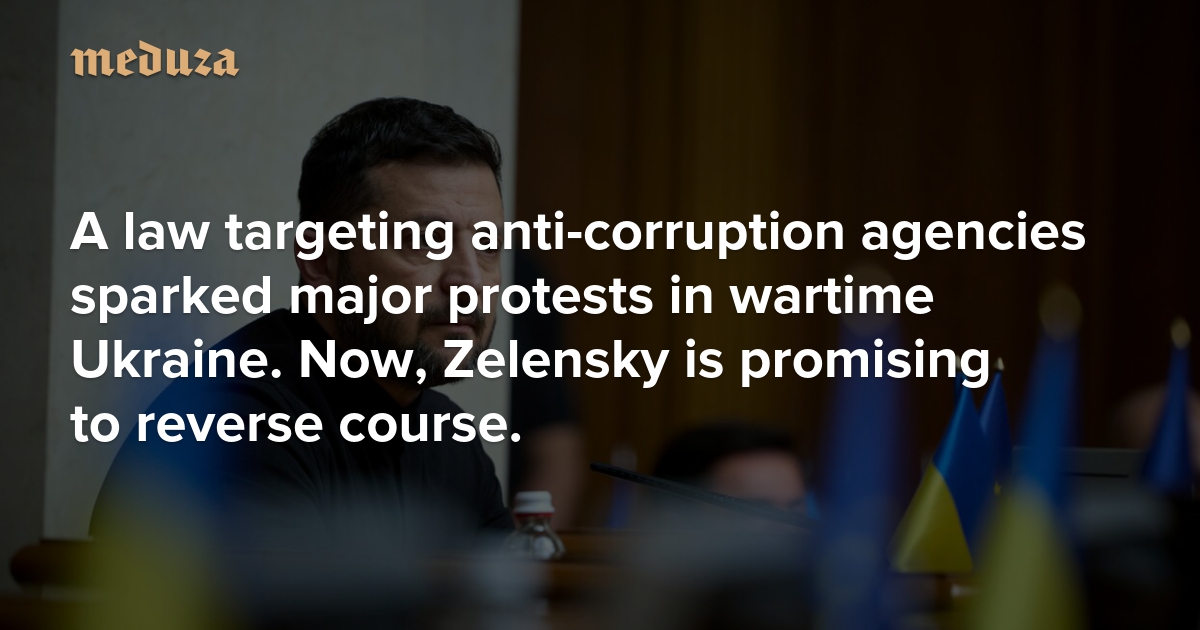 meduza_en's tweet card. After signing a bill that effectively strips Ukraine’s anti-corruption bodies of their independence, President Volodymyr Zelensky has now promised to propose a new law to strengthen them again. The...