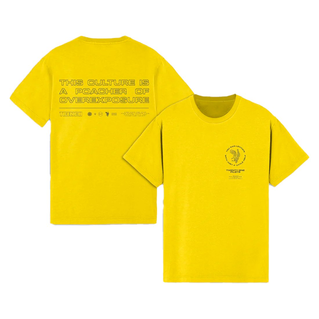 TOPMerchAlerts's tweet card. The Poacher Stack T-Shirt here features lyrics from the song ‘Levitate’ on a yellow unisex t-shirt