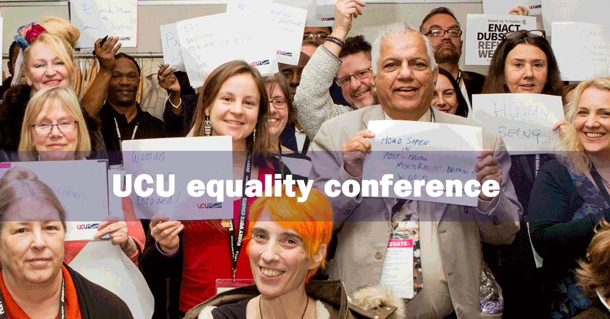 UCUequality's tweet card. UCU's annual equality conference for black, disabled, LGBT+, migrant and women members.