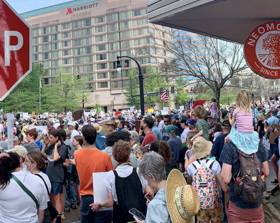 DurhamDispatch's tweet card. On April 5, thousands gathered in CCB Plaza and Five Points Plaza to protest Trump administration policies.