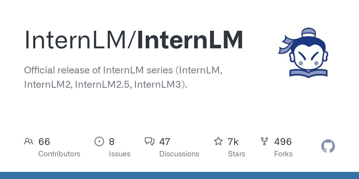 intern_lm's tweet card. Official release of InternLM series (InternLM, InternLM2, InternLM2.5, InternLM3). - InternLM/InternLM