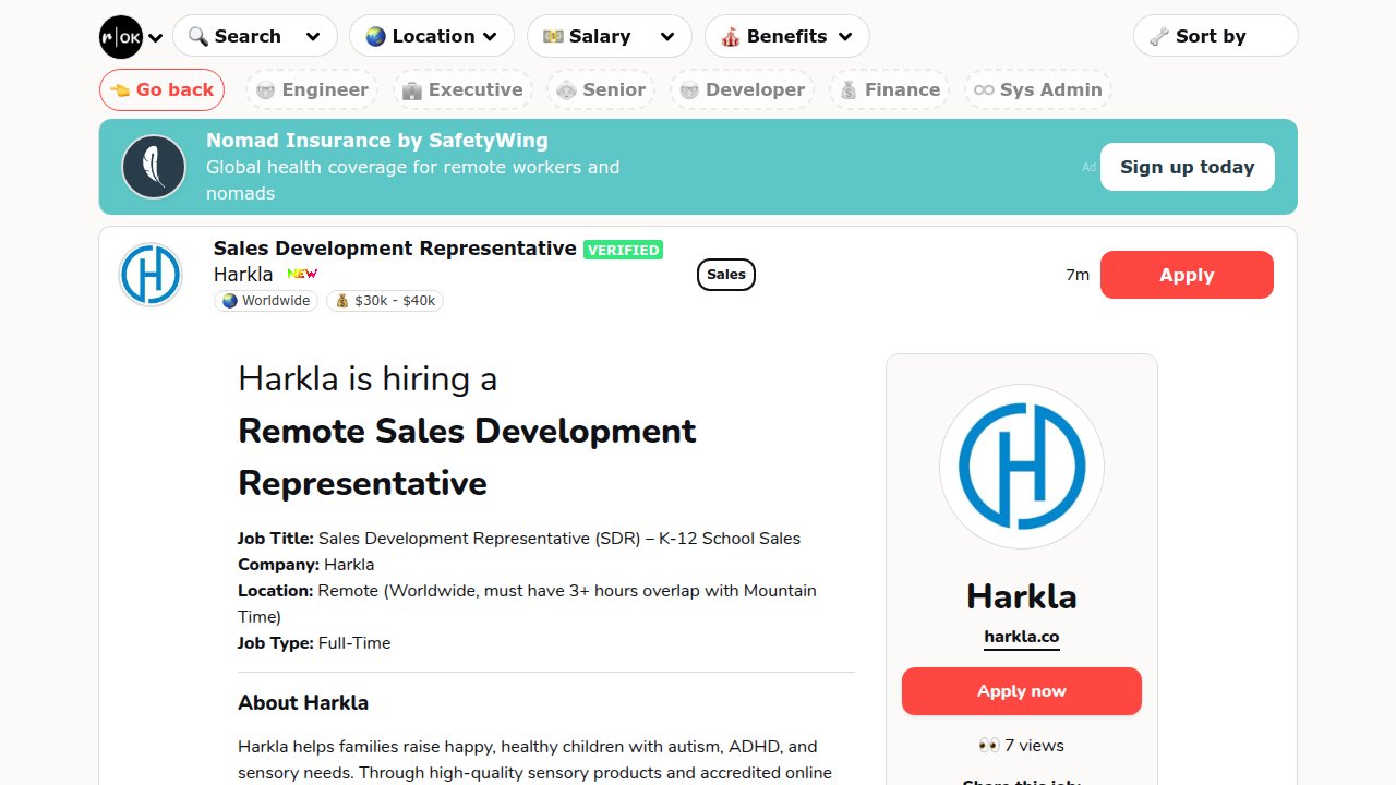RemoteOK's tweet card. Harkla is hiring a Remote Sales Development Representative (💰~$35k). Job Title: Sales Development Representative (SDR) – K-12 School SalesCompany: HarklaLocation: Remote (Worldwide, must have 3+...