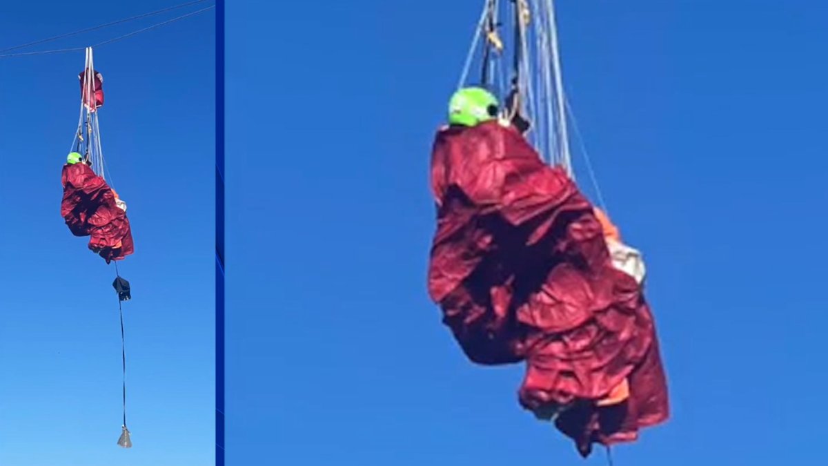 nbcsandiego's tweet card. Firefighters rescued a skydiver whose parachute became entangled in power lines in Tracy, California, over the weekend.