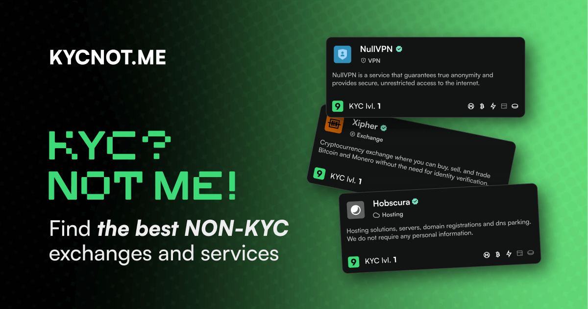 kycnot's tweet card. Find services that don't require KYC (Know Your Customer) verification for better privacy and control over your data.