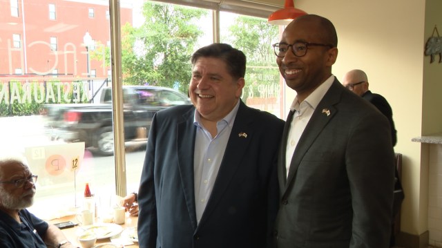 tahmanbradley's tweet card. Politics was again on the menu for Wednesday’s lunch at Peaches in Bronzeville, with Gov. JB Pritzker and his new running mate, Christian Mitchell, making their first campaign stop together.