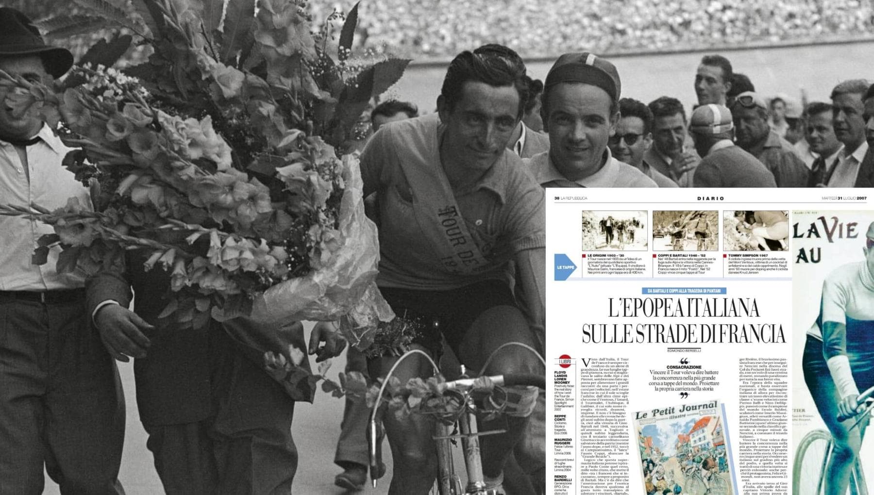 repubblica's tweet card. R50/ Il 23 luglio 1949 Fausto Coppi vinse il Giro di Francia davanti a Gino Bartali. A giugno aveva già vinto quello d’Italia. Qui riproponiamo un articolo di …