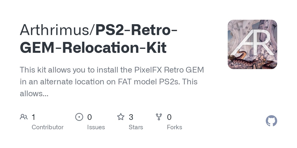 Arthrimus's tweet card. This kit allows you to install the PixelFX Retro GEM in an alternate location on FAT model PS2s. This allows you to keep the Toslink port and the stock PSU. - Arthrimus/PS2-Retro-GEM-Relocation-Kit