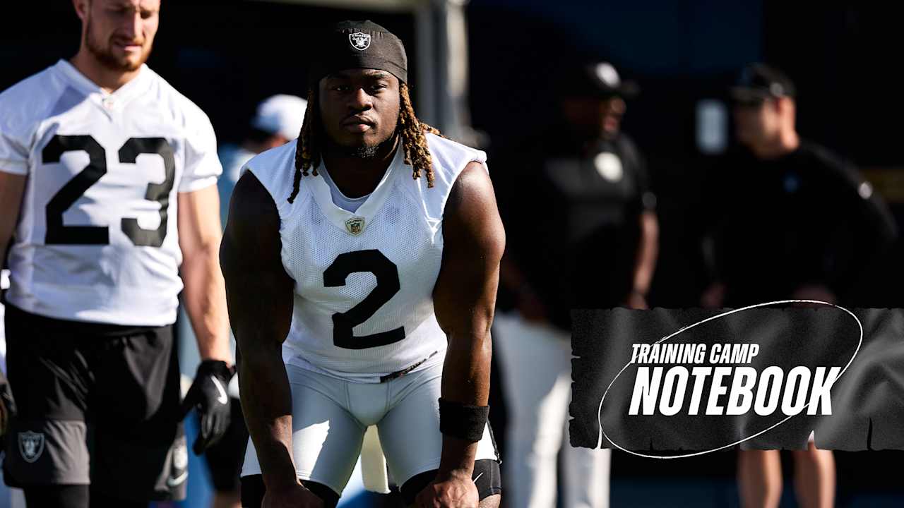 theleviedwards's tweet card. Rookies Ashton Jeanty and Darien Porter stood out in first training camp practice of 2025.