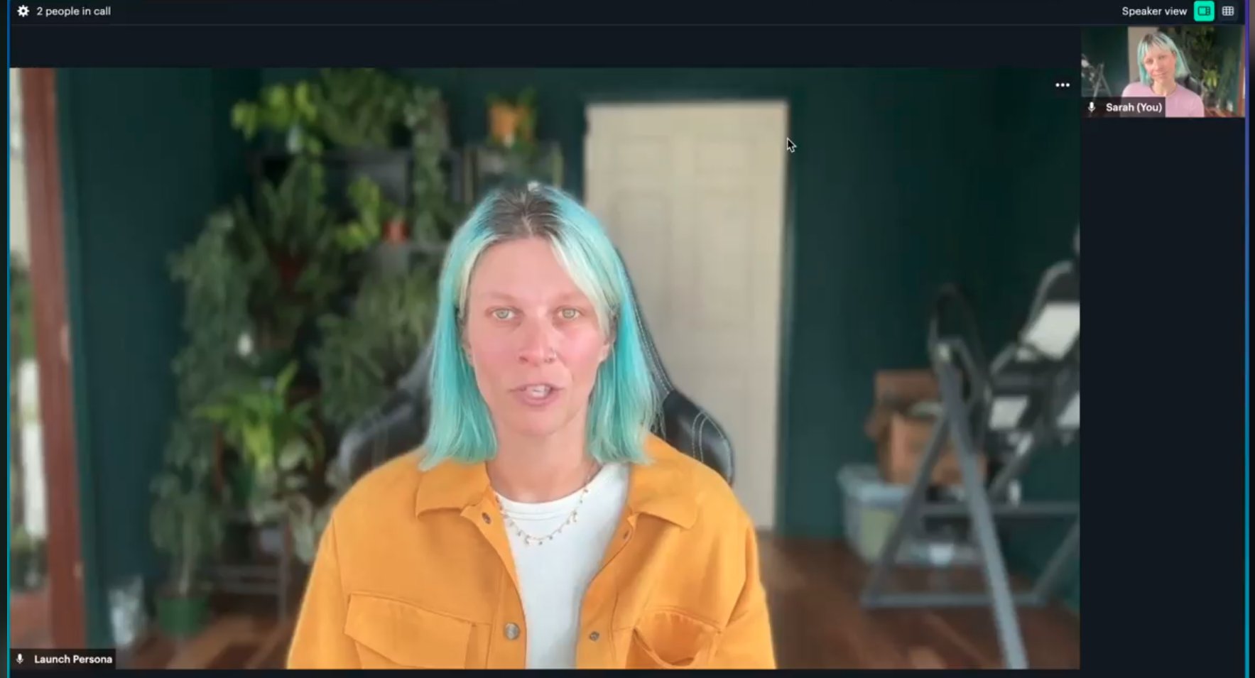 geekwire's tweet card. An AI-generated job interviewer made to look and sound like Sarah Bernstein, people operations manager at Humanly, interviews the real Bernstein, inset,