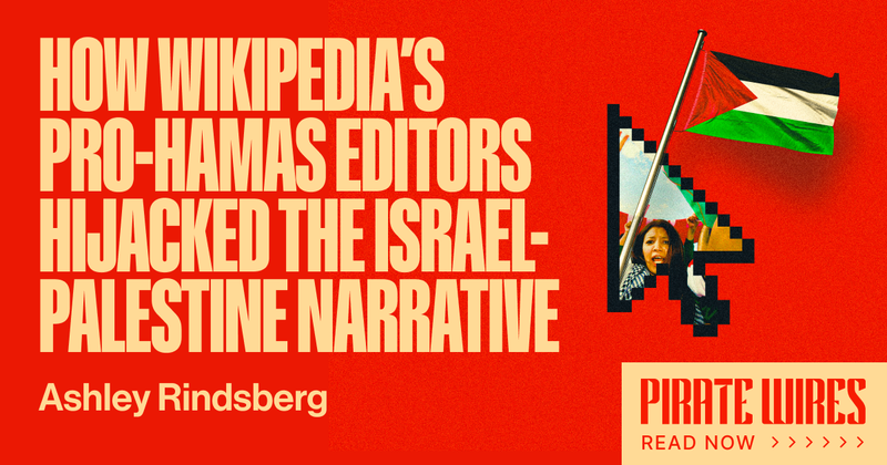 Meme_murf's tweet card. a powerful group of editors is hijacking Wikipedia, pushing pro-Palestinian propaganda, erasing key facts about Hamas,
