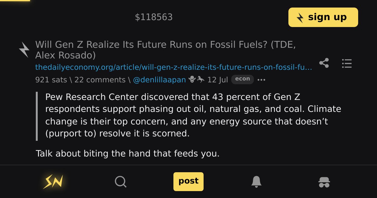 stackernewslive's tweet card. Pew Research Center discovered that 43 percent of Gen Z respondents support phasing out oil, natural gas, and coal. Climate change is their top concern, and any energy source that doesn’t (purport...