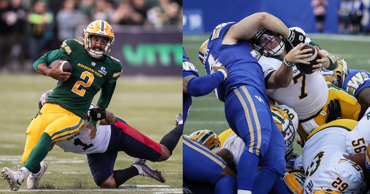SaskMorningLive's tweet card. The Saskatchewan Roughriders’ defense is prepared to see either Edmonton quarterback under centre when they take on the Elks Friday night.