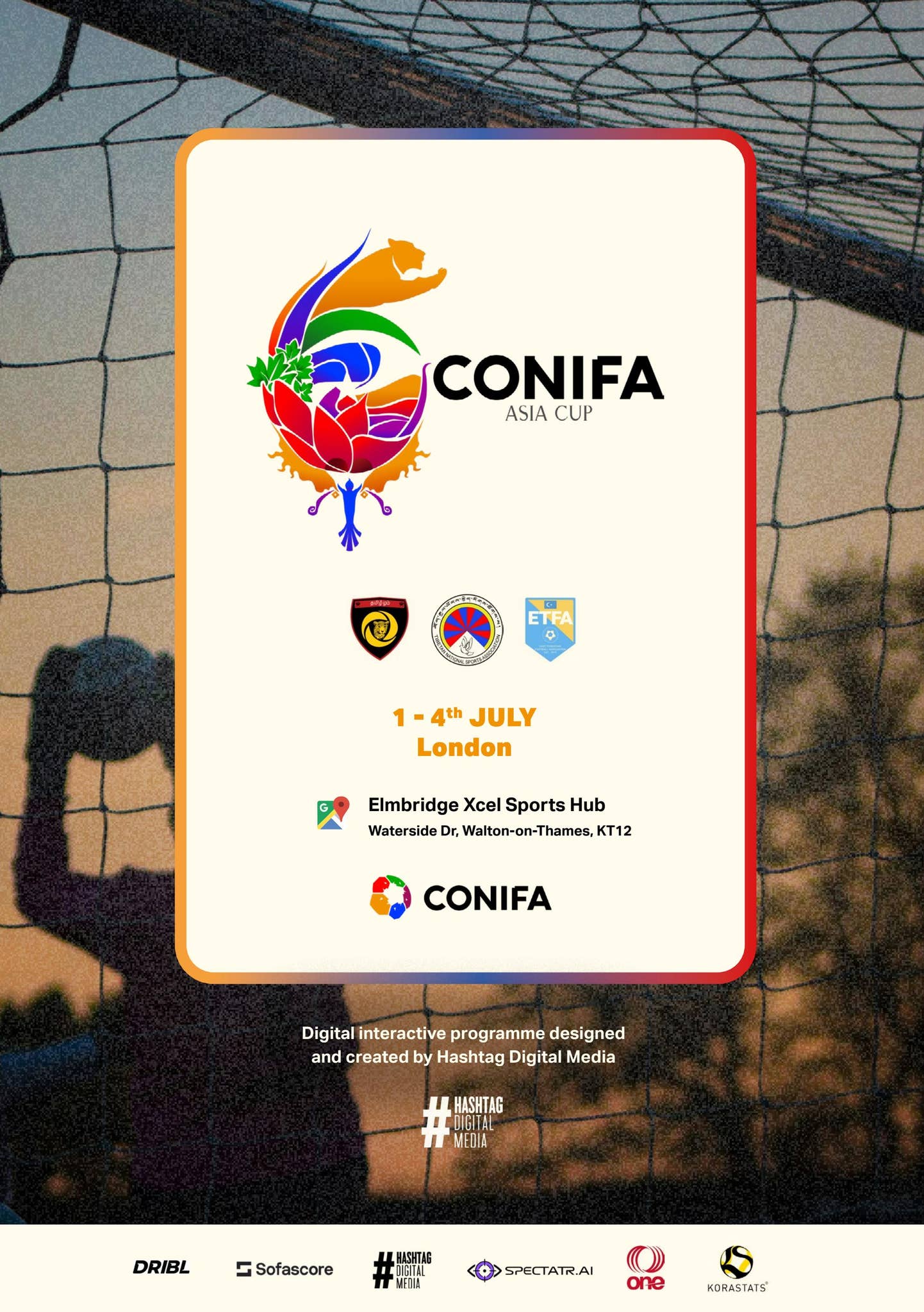 CONIFAOfficial's tweet card. The CONIFA ASIA CUP 2025 participating teams will play at the Elmbridge Xcel Sports Hub in Walton-on-Thames, London, from July 1st to 4th.