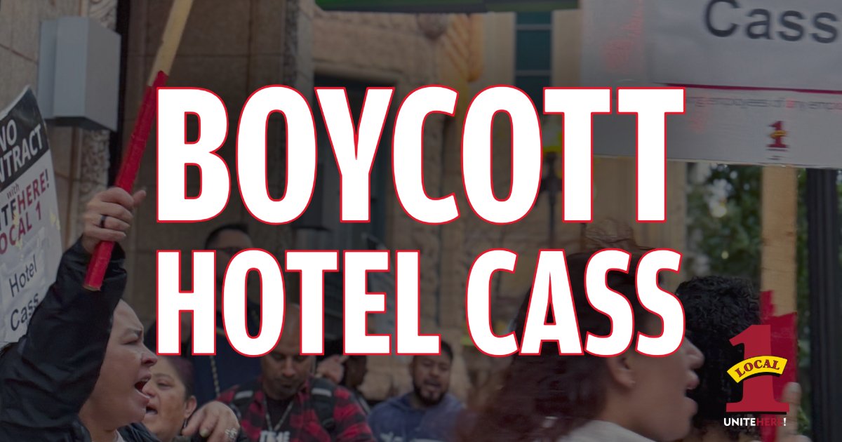 UniteHereLocal1's tweet card. Hotel Cass in Chicago CUT OFF workers’ good, union health insurance and, for nearly ONE YEAR, failed to settle a fair contract with housekeepers and laundry attendants of UNITE HERE Local 1​. Workers...
