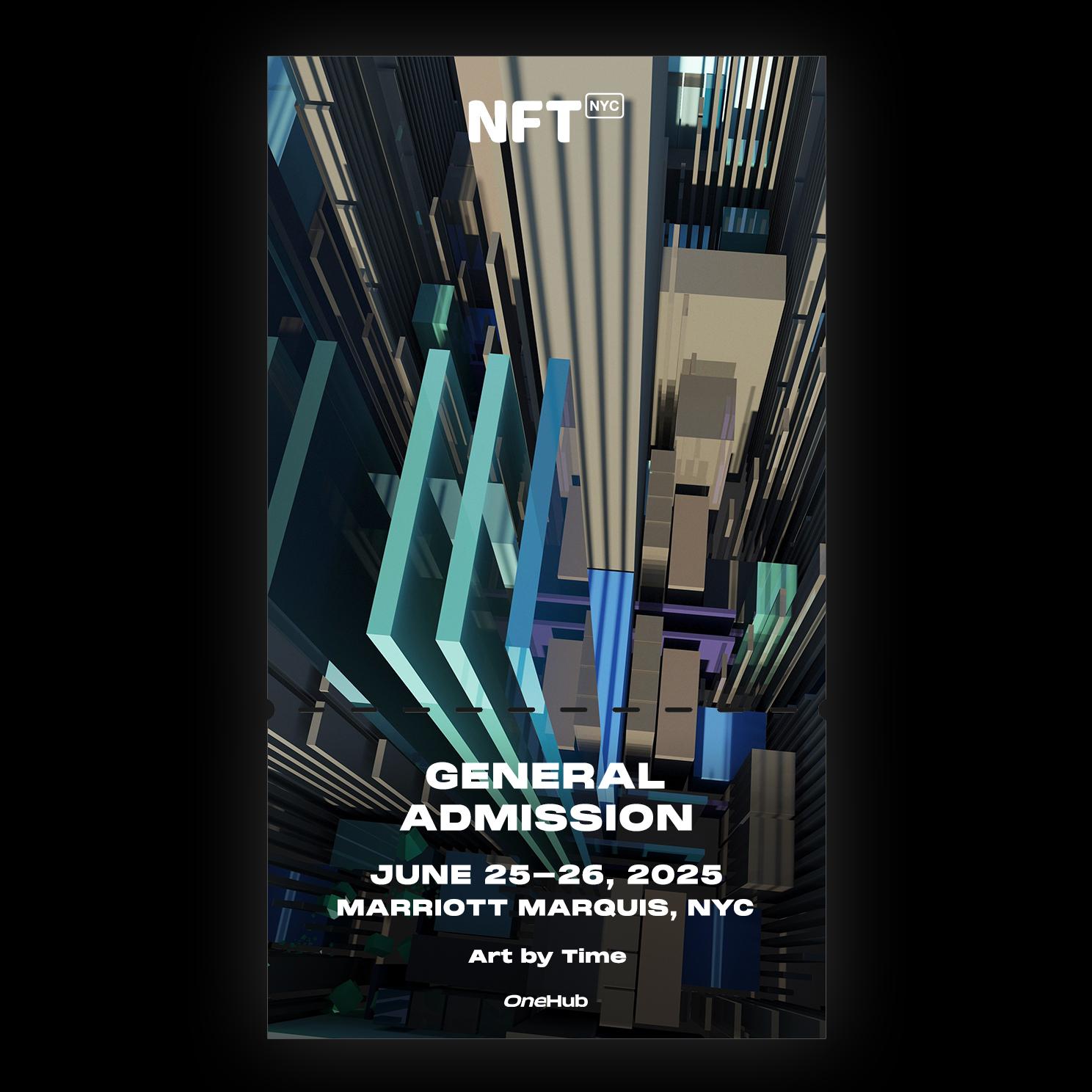 time_art_'s tweet card. This Commemorative NFT Ticket celebrates its holder's General Admission attendance at NFT.NYC 2025, hosted at the Marriott Marquis in Times Square, NYC June 25-26, 2025. The purchaser of this...