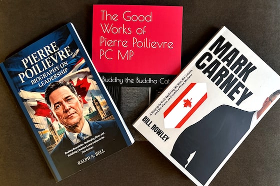 GregMercerGlobe's tweet card. The fake-looking books about Mark Carney and Pierre Poilievre flooded search results during the federal election campaign, including one ostensibly authored by a cat