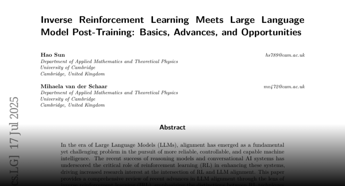 HolarisSun's tweet card. Paper page - Inverse Reinforcement Learning Meets Large Language Model Post-Training: Basics,...