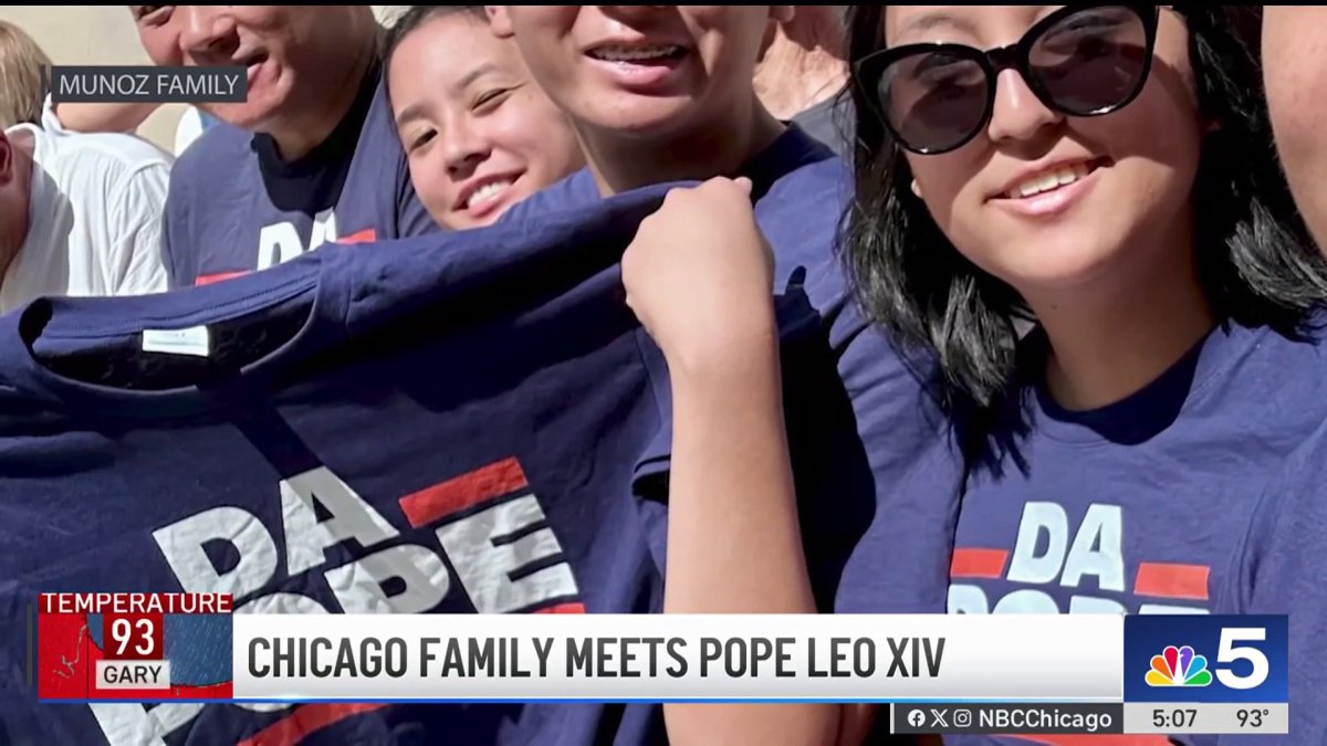 MaryAnnAhernNBC's tweet card. A Chicago family drawing Pope Leo XIV's attention with shirts nodding to his heritage to the region met with him on a trip to Rome. NBC Chicago's Mary Ann Ahern reports.
