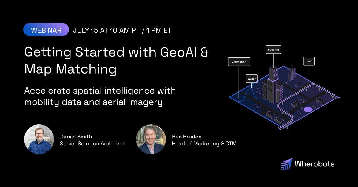 wherobots's tweet card. Build high-performance map matching pipelines and validate road networks using Wherobots and computer vision on satellite imagery. Learn to process GPS traces, run spatial joins, and apply GeoAI...