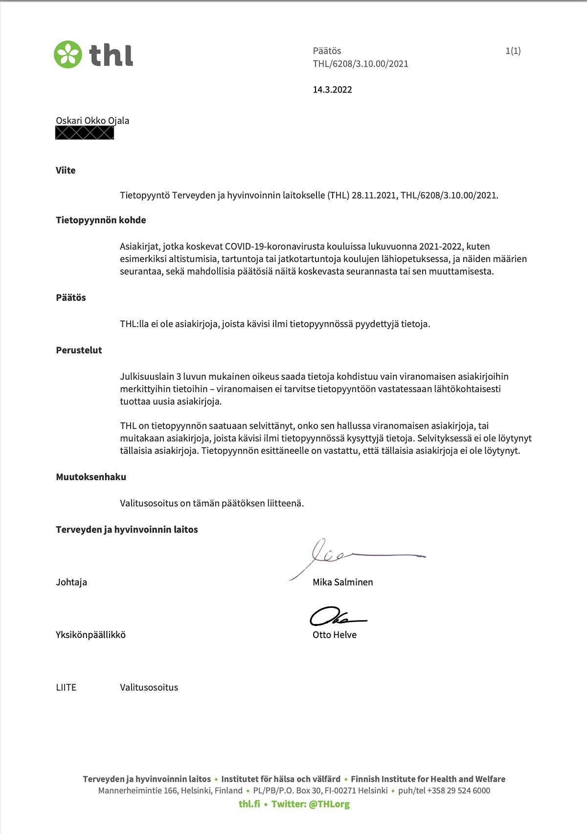 okko's tweet card. THL ilmoitti vastauksena asiakirjapyyntööni, että sillä ei ole yhtäkään asiakirjaa, joka koskisi COVID-19-koronavirusta kouluissa…