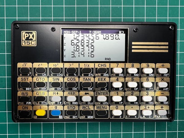 Hacksterio's tweet card. A Microchip microcontroller drives software-selectable emulation of the HP-15C and HP-16C scientific calculators in this slick kit.