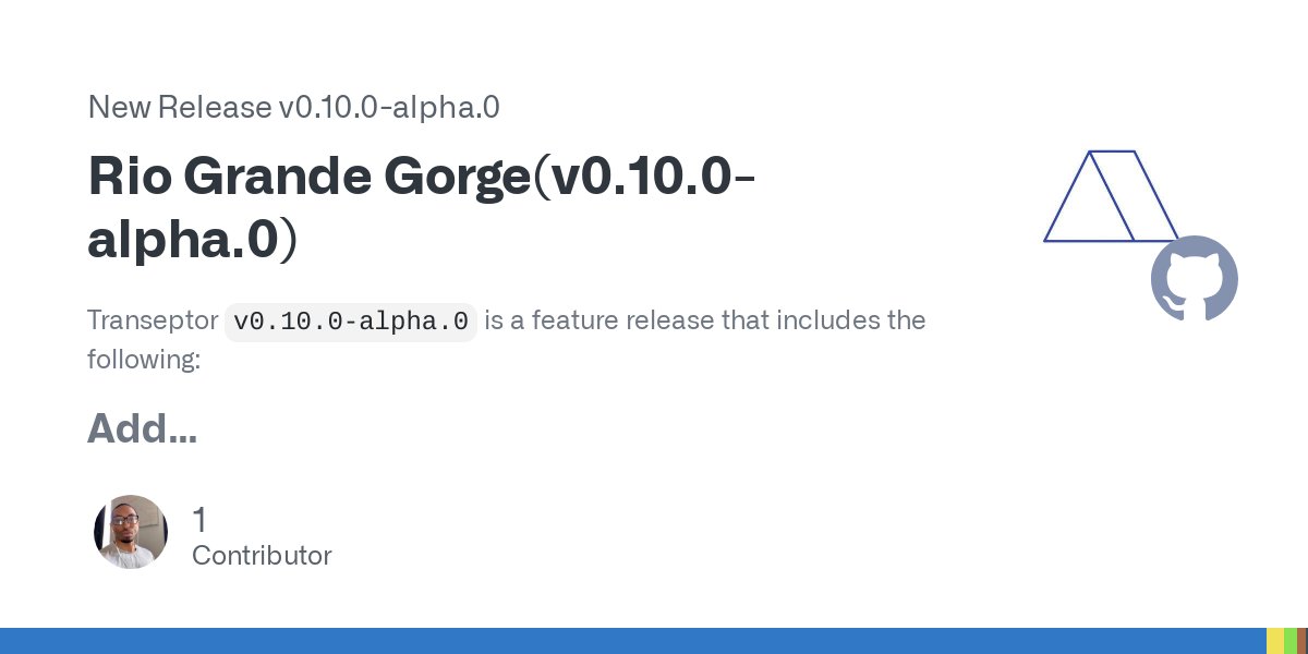 transeptorlabs's tweet card. Transeptor v0.10.0-alpha.0 is a feature release that includes the following: Add A docs for Release process and Vision(#109) Use esbuild to create build for transeptor(#117) Add typedocs(#118) Ch...