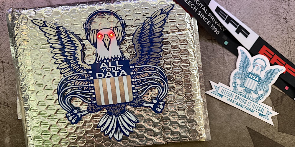 v3rbaal's tweet card. Support digital privacy at DEF CON 33 with a custom PCB badge featuring the Electronic Frontier Foundation's (EFF) iconic NSA Eagle!