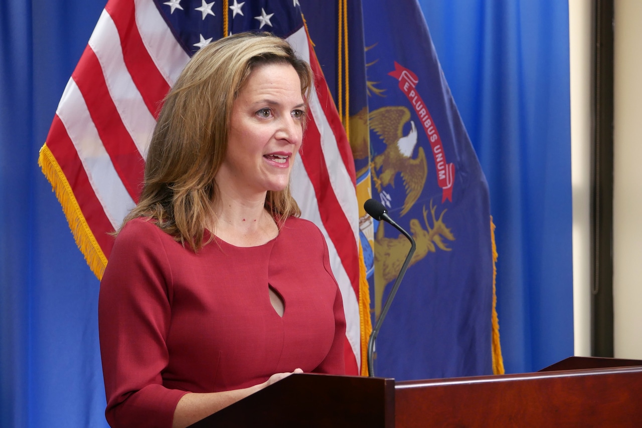 MLivePolitics's tweet card. The dispute centers on the release of materials that Secretary of State Jocelyn Benson says could compromise election security.