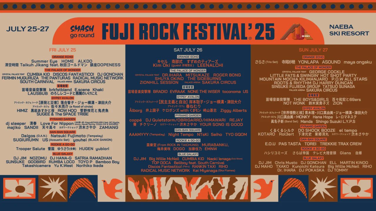 NiEW_EN's tweet card. FUJI ROCK FESTIVAL ’25 have announced the festival’s final lineup and timetable. The three-day event will take place from Friday, July 25 to Sunday, July 27 at Naeba Ski Resort in ...