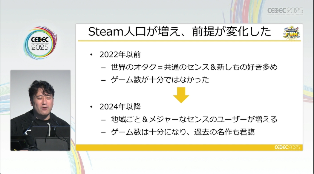 hinyari9's tweet card. 「NEEDY GIRL OVERDOSE」「ロードス島戦記」などを手がけた斉藤大地氏は，近年のSteam市場の変化により，インディーにとって従来のプロデュース手法が通じにくくなっていると語る。CED…