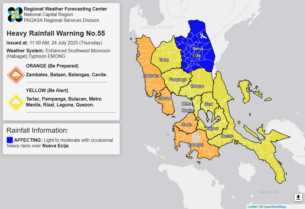 gmanews's tweet card. State weather bureau PAGASA issued an orange rainfall warning for Zambales, Bataan, Batangas and Cavite on Thursday at 11 a.m.