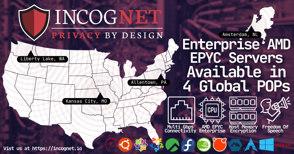 IncogNetLLC's tweet card. Production quality performance meets privacy. Extremely powerful KVM VPS (Virtual Private servers) in the both the United States and Netherlands! Pay with crypto or traditional methods.