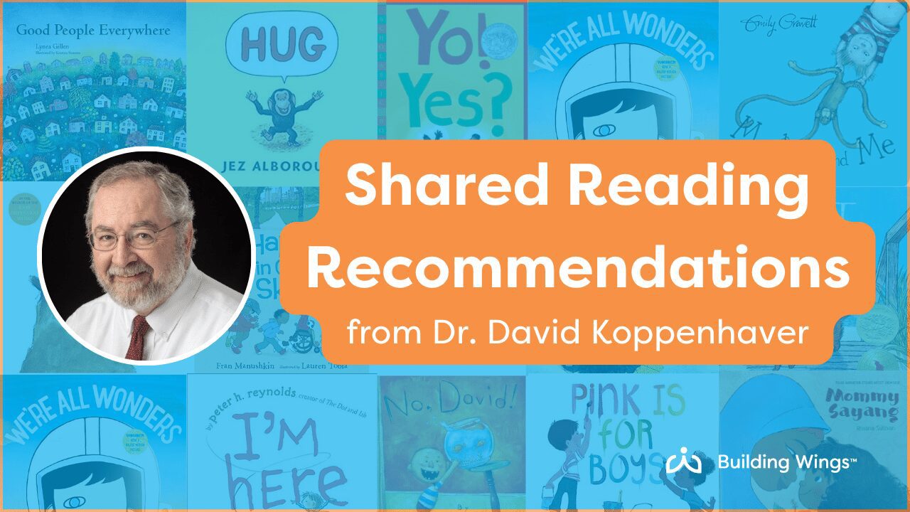 BuildingWingsCo's tweet card. Shared Reading book recommendations from Dr. David Koppenhaver for emergent learners to build early language skills that promote literacy learning.