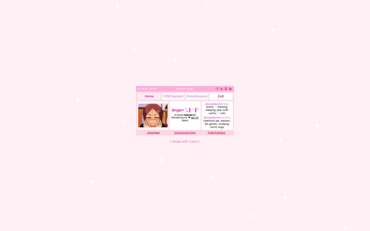 Angelplushie_'s tweet card. site for info for comms, socails, or whatever