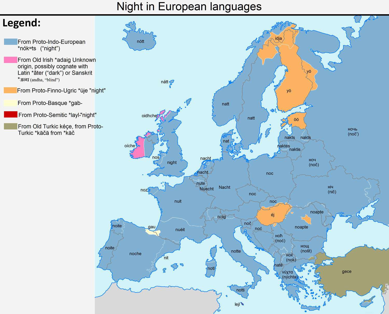 onlmaps's tweet card. The word "night" in European languages
