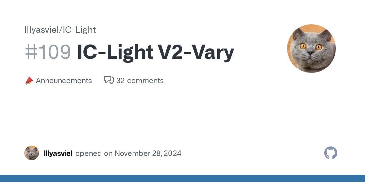 lvminzhang's tweet card. Alternative IC-Light V2 Model(s) for people who want stronger illumination variations and modifications. Demo here: https://huggingface.co/spaces/lllyasviel/iclight-v2-vary Examples Input image: Ou...