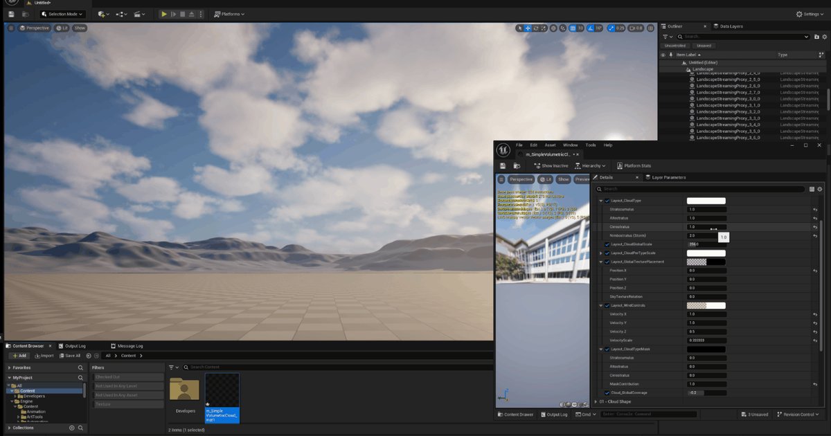 TimHobsonUE4's tweet card. The default volumetric material used to create various types of cloud types, shapes, and effects in Unreal Engine.